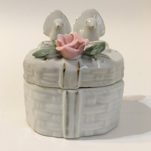 Pink Rose Dove Trinket Box Birds Flower Bow Jewelry Treasure White Porcelain - Picture 2 of 10